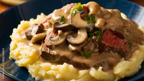 Beef Stroganoff with mushrooms and mashed potatoes. photo