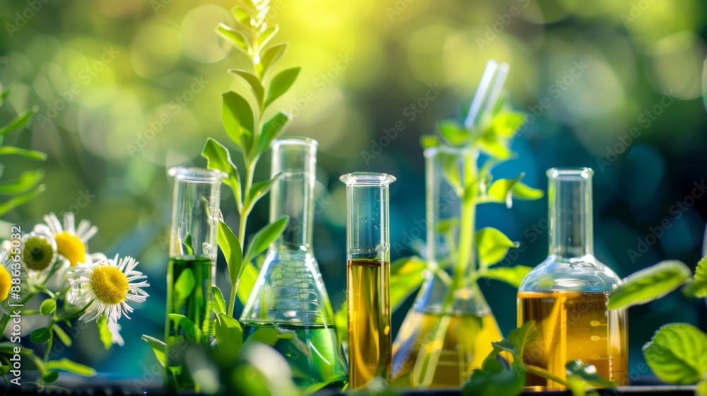 Green Plant Extract in Glass Lab Flasks. Green Plant Extract in Glass Lab Flasks.