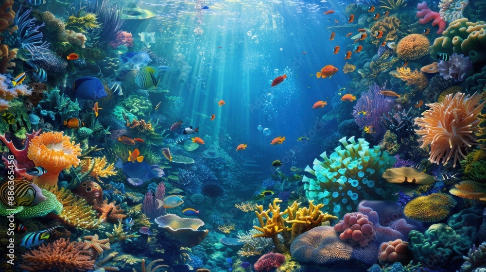 Underwater Reef Background: A stunning depiction of a lively coral reef filled with vibrant marine life, including tropical fish and swaying sea anemones.
Underwater Reef Background: A stunning depiction of a lively coral reef filled with vibrant marine life, including tropical fish and swaying sea anemones.