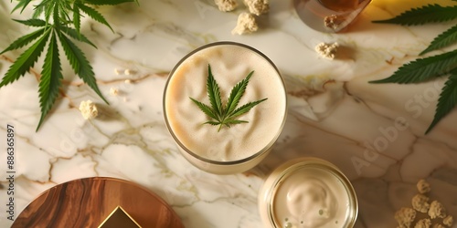 Wallpaper Mural Overhead shot of CBD oil bottle with cannabis milk on kitchen table. Concept Product Photography, Cannabis Products, Kitchen Set-up, Overhead Shot, CBD Oil Bottle Torontodigital.ca