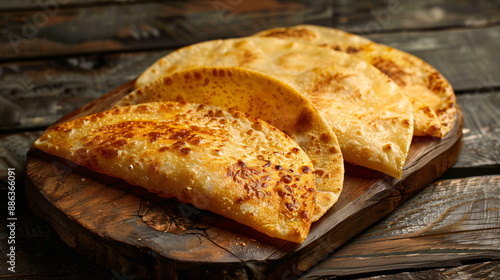 pancakes on a rustic wooden board photo