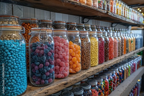 A vibrant scene of a candy store with shelves lined with jars of brightly colored sweets. 