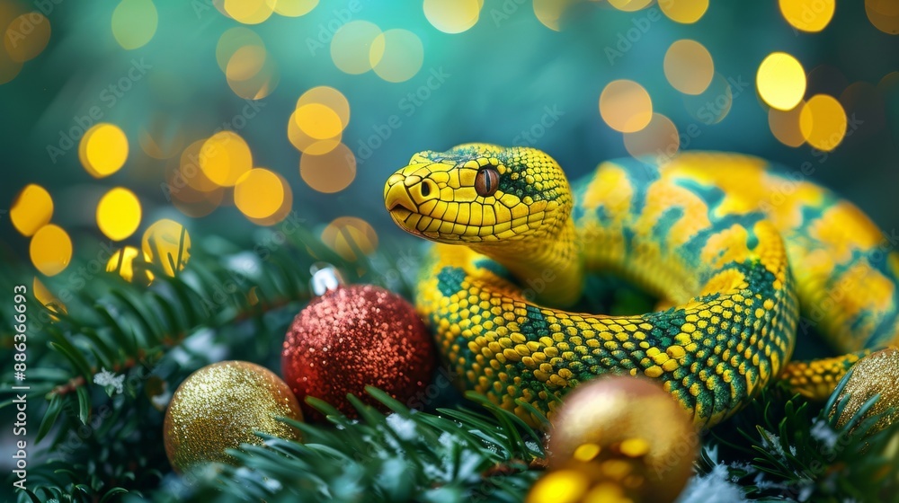 Fototapeta premium A yellow-green snake on a New Year's background. The symbol of the Chinese New Year 2025.