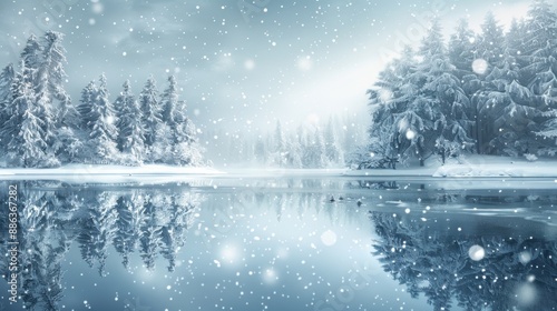 Snowy Winter Background: Peaceful winter landscape featuring snow-covered trees, a frozen lake, and delicate snowflakes falling against a pale gray sky. 