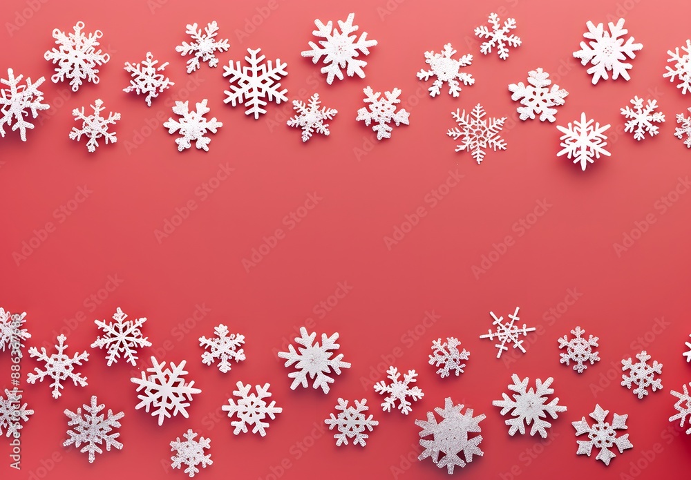 White Snowflakes on Red Background, Festive Christmas and New Year Decor White Snowflakes on Red Background, Festive Christmas and New Year Decor