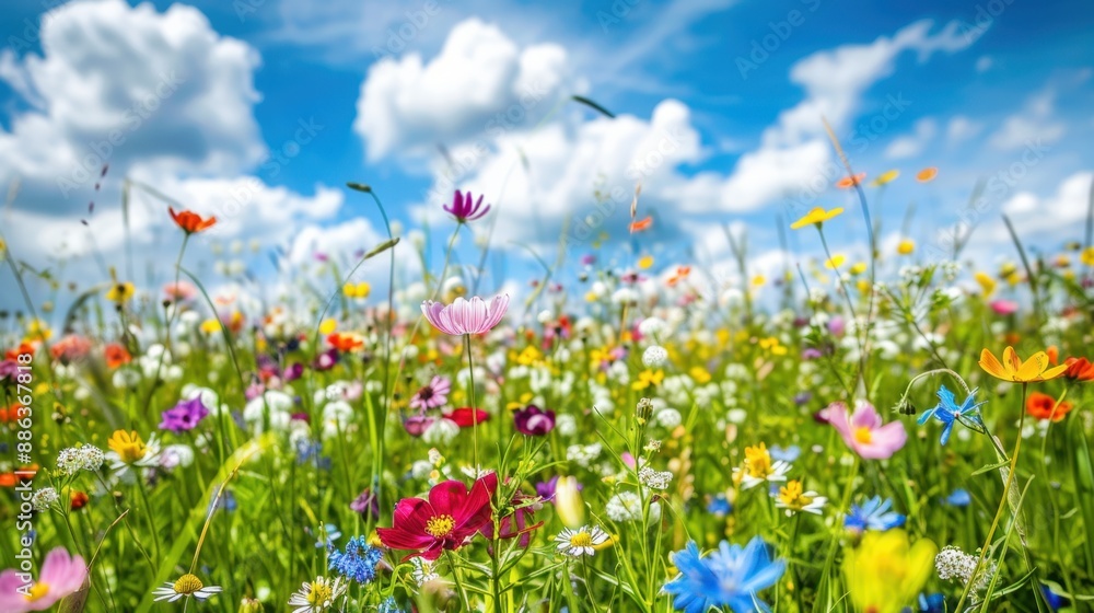 Meadow with Wildflowers Background: Lively scene of a meadow filled with diverse wildflowers in full bloom, set against a sunny sky with fluffy white clouds.
Meadow with Wildflowers Background: Lively scene of a meadow filled with diverse wildflowers in full bloom, set against a sunny sky with fluffy white clouds.