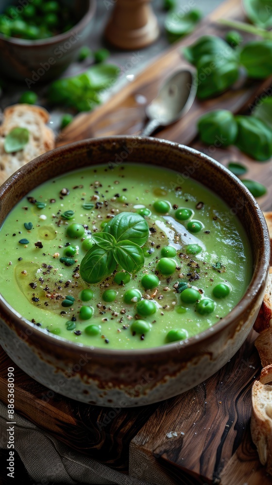 Fresh green pea soup garnished with herbs in wooden bowl