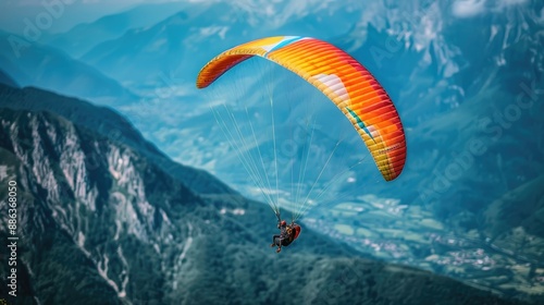 A person paragliding over beautiful mountain scenery.