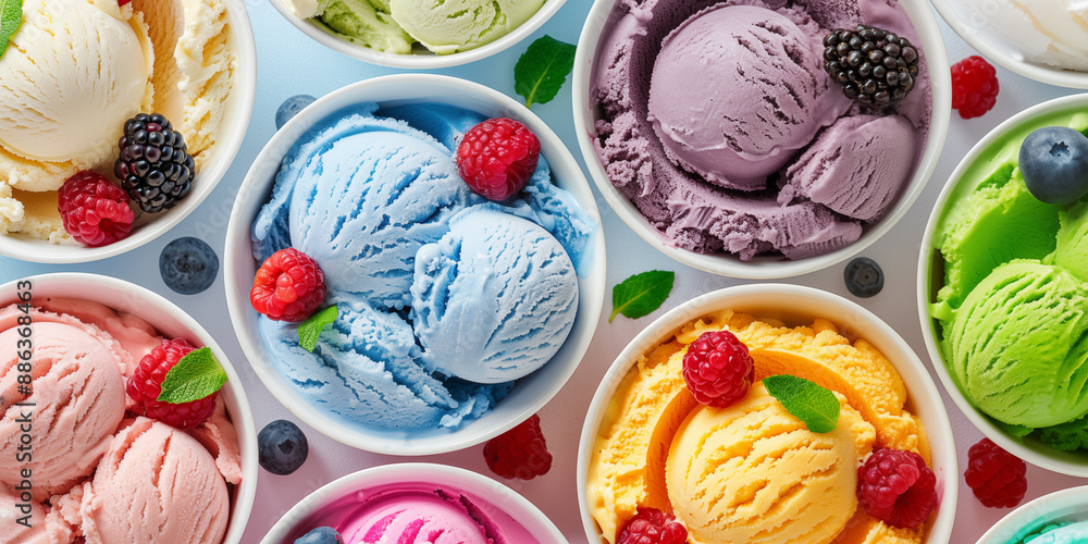 Top of view A variety of colorful ice cream flavors in small white bowls. Assortment scooping ice cream. Set of ice cream balls with different flavors. Top of view A variety of colorful ice cream flavors in small white bowls. Assortment scooping ice cream. Set of ice cream balls with different flavors.