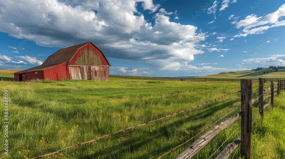 Rustic Barn Background: Picturesque scene of a weathered red barn standing amidst rolling green pastures and a rustic wooden fence, under a partly cloudy sky.
Rustic Barn Background: Picturesque scene of a weathered red barn standing amidst rolling green pastures and a rustic wooden fence, under a partly cloudy sky.