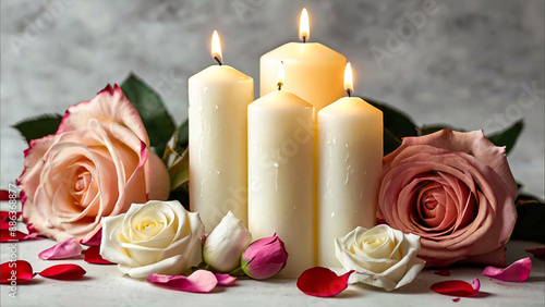 Beautiful roses and flowers petals,  with burning white candles