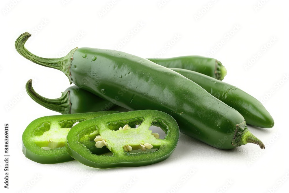Fresh green jalapeno peppers stacked with sliced pieces. Fresh green jalapeno peppers stacked with sliced pieces.