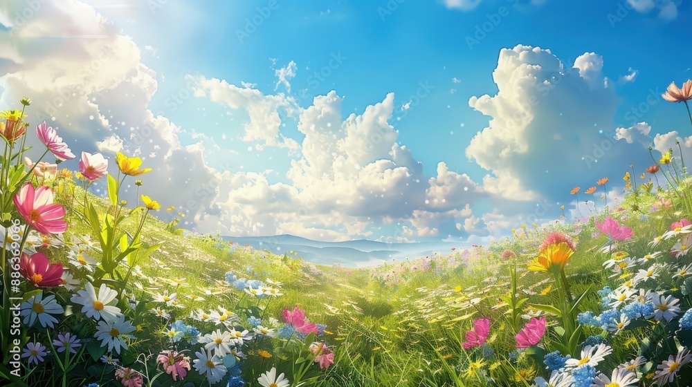 Obraz premium Meadow with Wildflowers Background: A lively meadow adorned with colorful wildflowers in full bloom, under a sunny sky with fluffy white clouds.
