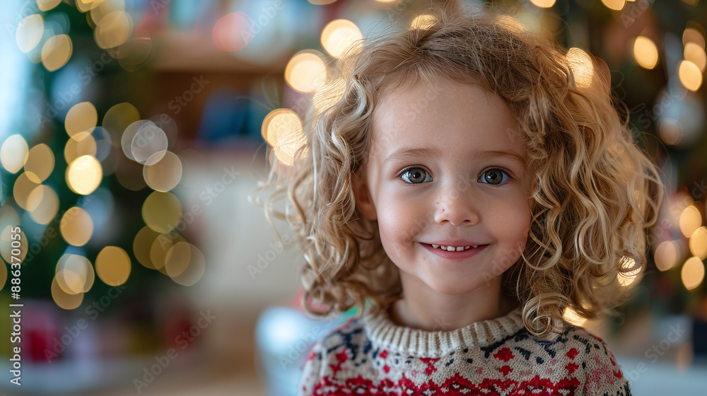 Little smiling girl with curly hair in a New Year's sweater against the background of a Christmas tree Little smiling girl with curly hair in a New Year's sweater against the background of a Christmas tree