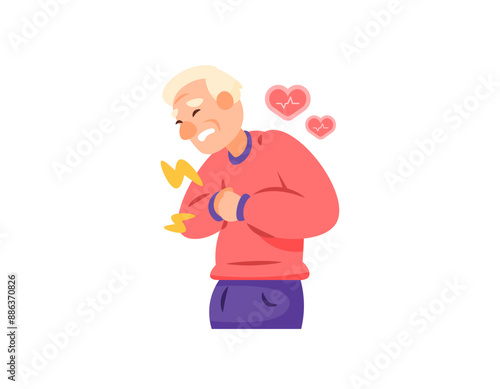 illustration of a grandfather having a heart attack. heart disease. grandfather's facial expression in pain due to chest pain. health problems. flat style character design. graphic elements