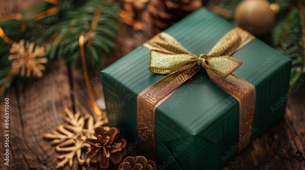 A Green Gift Box With Gold Ribbon On Wooden Surface A Green Gift Box With Gold Ribbon On Wooden Surface
