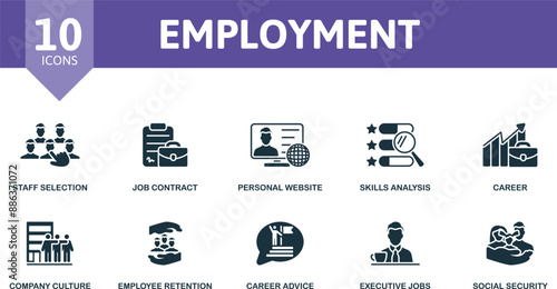 Employment icon set. Staff Selection, Job Contract, Personal Website, Skills Analysis, Career, Company Culture, Employee Retention, Career Advice, Executive Jobs, Social Security icons.