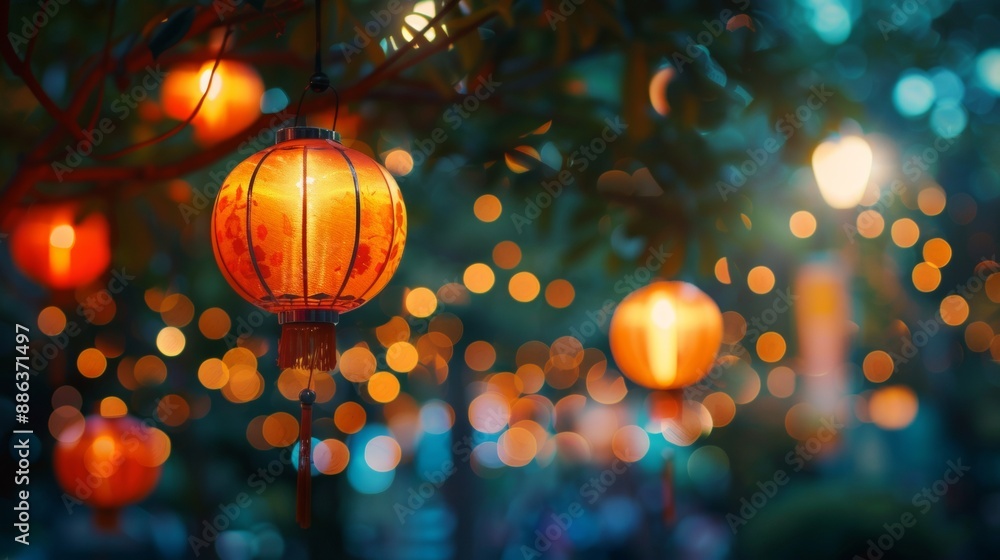 Illuminated Chinese Lanterns Hanging From Tree Branches at Night Illuminated Chinese Lanterns Hanging From Tree Branches at Night