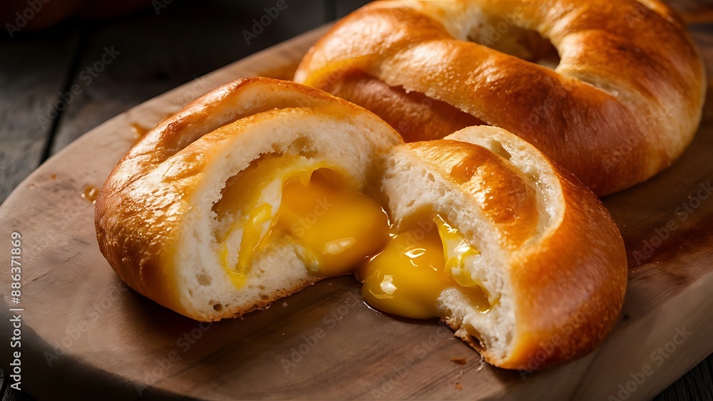 Georgian khachapuri with egg yolk on wooden board Georgian khachapuri with egg yolk on wooden board