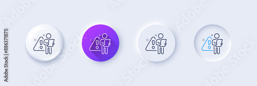 Search employee line icon. Neumorphic, Purple gradient, 3d pin buttons. Interview warning sign. Caution alert symbol. Line icons. Neumorphic buttons with outline signs. Vector