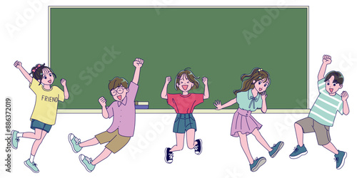 元気にジャンプする小学生の男女