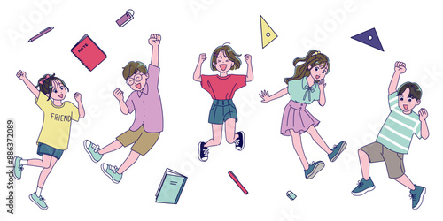 元気にジャンプする小学生の男女