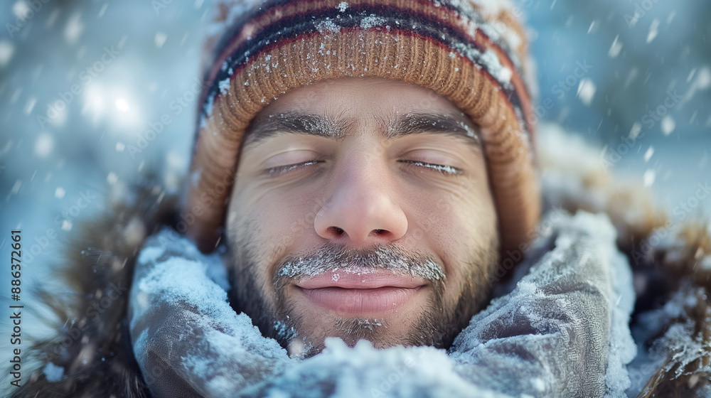 Man smiling with eyes closed, wearing a warm coat and hat, enjoying a snowfall, creating a joyful and serene winter moment. Man smiling with eyes closed, wearing a warm coat and hat, enjoying a snowfall, creating a joyful and serene winter moment.