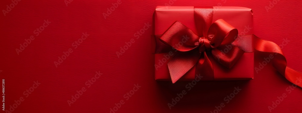 Red Gift Box with Ribbon and Bow on Red Background Red Gift Box with Ribbon and Bow on Red Background