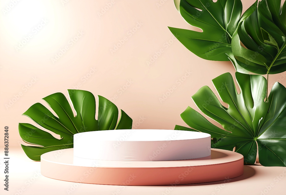Cosmetic Product Display Podium Mockup with Leaves and 3D Shadows Cosmetic Product Display Podium Mockup with Leaves and 3D Shadows