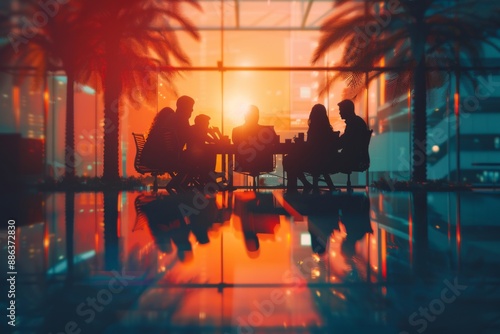 Office team meeting, silhouettes of company employees and coworkers sitting around the table. Business office, Workplace office, Corporate, Corporation colleagues 