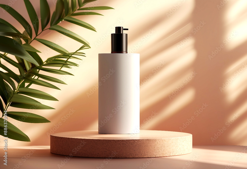 Cosmetic Product Display Podium Mockup with Leaves and 3D Shadows Cosmetic Product Display Podium Mockup with Leaves and 3D Shadows