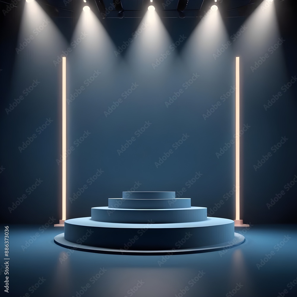 Obraz premium Sleek podium on a deep indigo backdrop, designed for a professional product display, copy space or presentation 