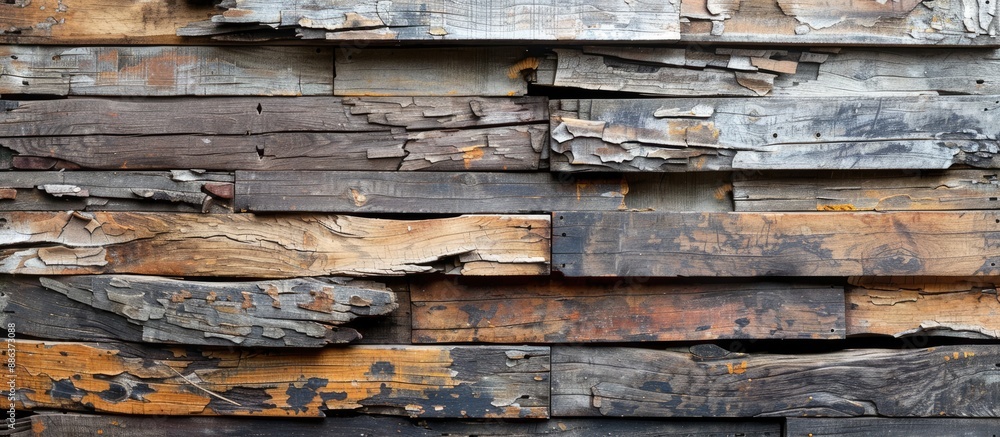 Old weathered wooden walls have been damaged by termites creating a rustic background design with wooden planks and boards Copy space image