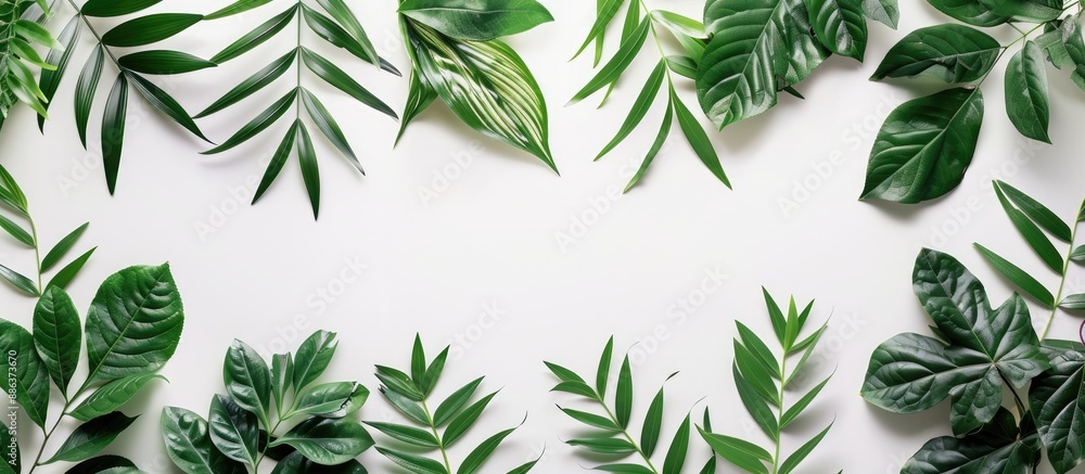 Tropical green leaves arranged in a flat lay with copy space image Tropical green leaves arranged in a flat lay with copy space image