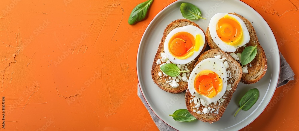 Plate of toast with boiled eggs on an orange backdrop in a copy space image Plate of toast with boiled eggs on an orange backdrop in a copy space image