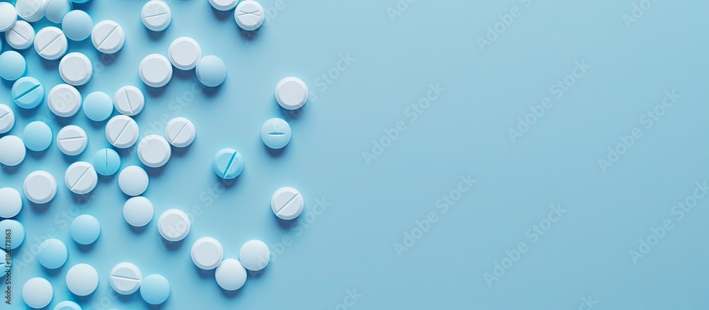 Flat lay of blue white pills on a simple background ideal for medical themes with ample copy space image Flat lay of blue white pills on a simple background ideal for medical themes with ample copy space image