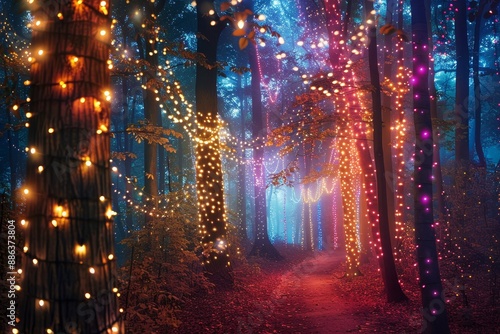 Vibrant fairy lights illuminate the dark forest, creating a magical and mystical atmosphere, Design a whimsical display of colorful fairy lights weaving through a mystical forest setting © Iftikhar alam