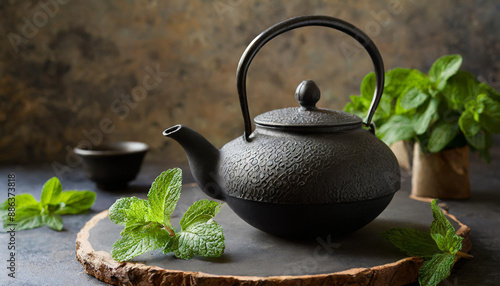 Black iron Asian teapot with sprigs of mint for tea