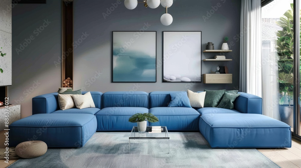 Modern Living Room with Sectional Sofa and Blue Accents Modern Living Room with Sectional Sofa and Blue Accents