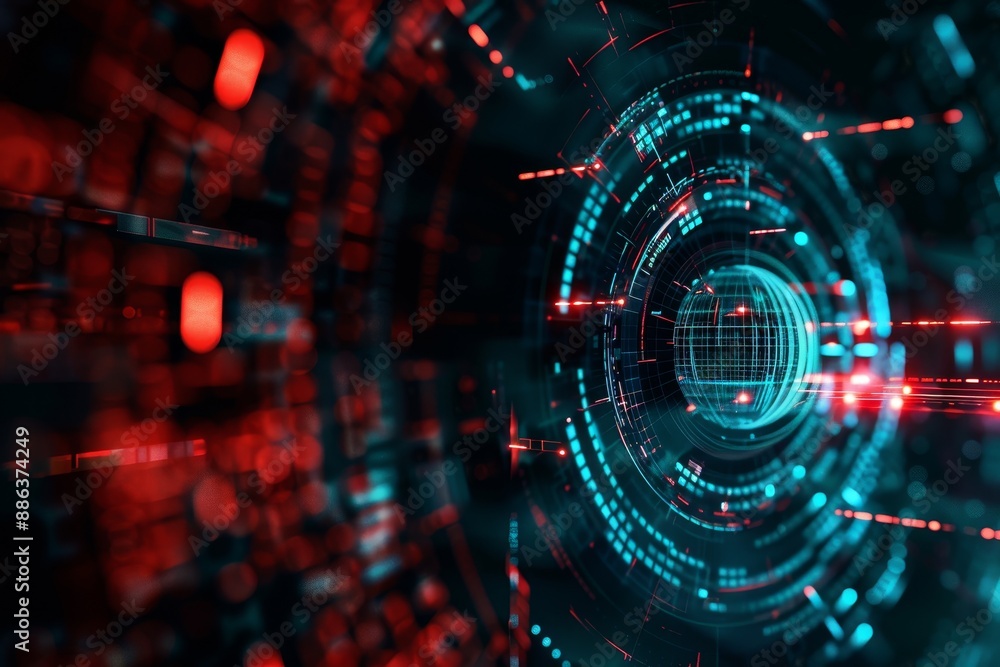 Obraz premium Computer screen displaying abstract patterns formed by red and blue lights, Design an abstract artwork symbolizing the concept of zero-trust security model