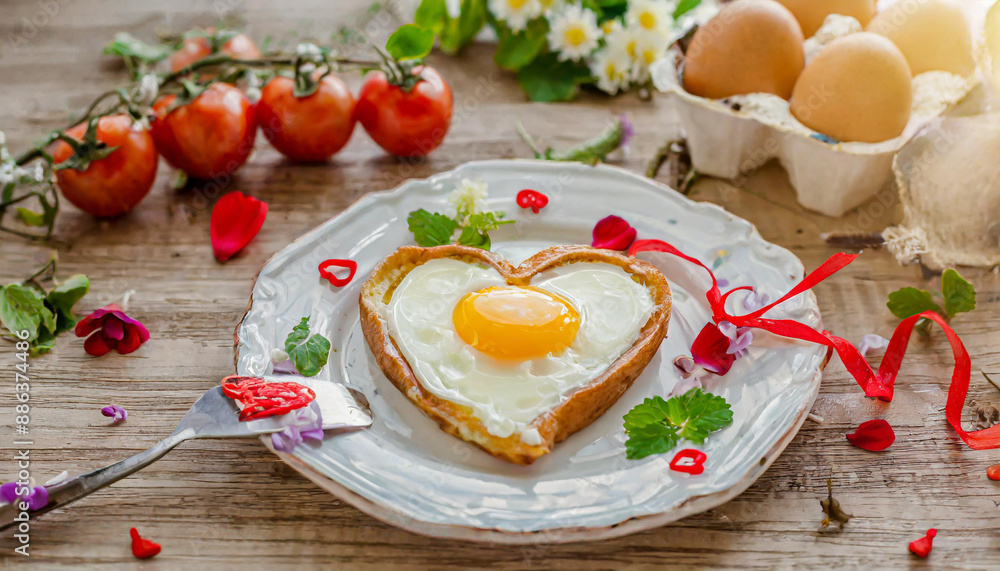 Fried eggs in the shape of heart on the plate on wooden table, love and Valentine's Day dinner celebration