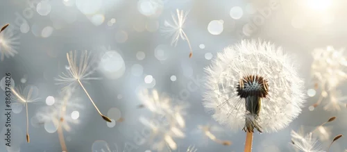 Panel kuchenny z motywem A close up photo of a dandelion with white fluffy flowers in sunlight on a gray background symbolizing summer air freedom and lightness with room for text. copy space available