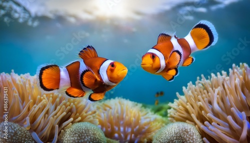 Clown fish Ocean Ballet: Playful Clownfish Among Vibrant Coral" "Leaping Joy: Clownfish in a Colorful Coral Wonderland"