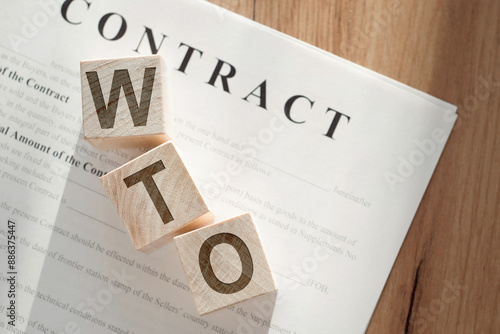 Word WTO - World Trade Organization written on wooden cubes, concept photo