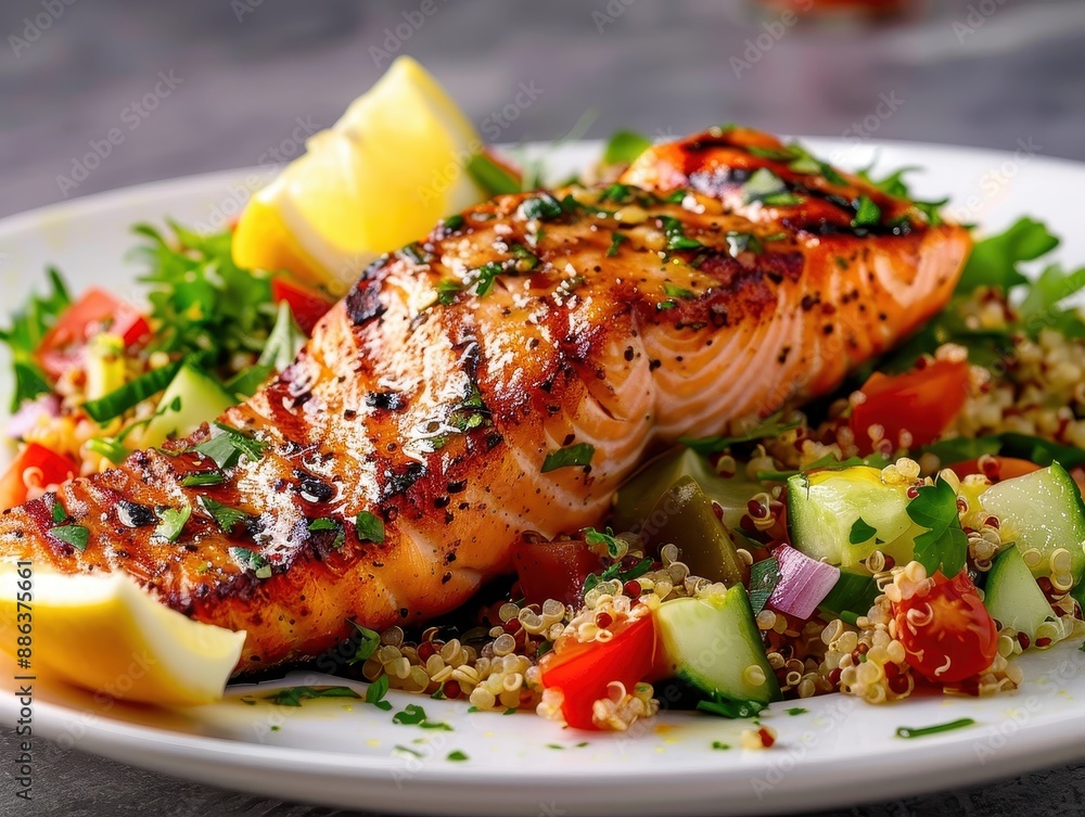 Grilled Salmon Fillet with Quinoa Salad and Fresh Vegetables on a White Plate Grilled Salmon Fillet with Quinoa Salad and Fresh Vegetables on a White Plate