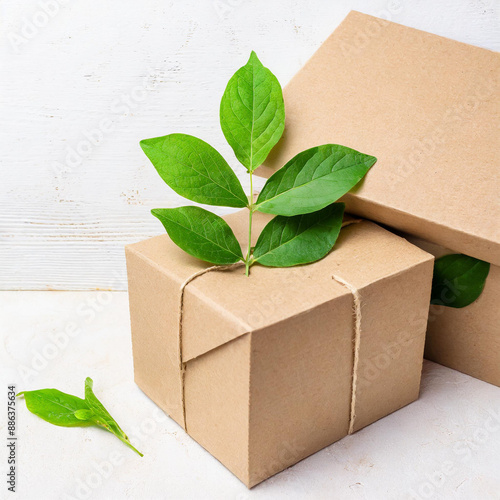 Cardbox from recyclable organic materials with green leaves sprout. Eco friendly packaging, zero waste and plastic free concept.