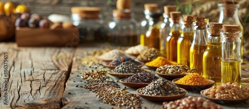 Various seeds and oils displayed on a rustic wooden table with ample copy space image