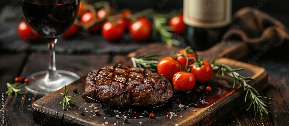 Close up of a grilled steak on a cutting board with wine and cherry tomatoes against a background suitable for insertion of images with no additional content Close up of a grilled steak on a cutting board with wine and cherry tomatoes against a background suitable for insertion of images with no additional content