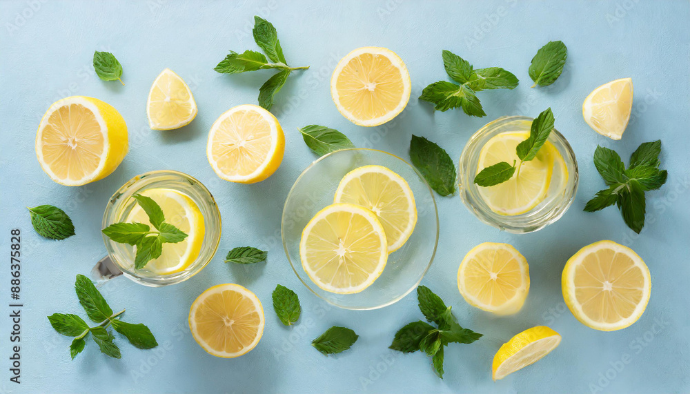 Lemon slices and mint leaves on blue pastel table top view. Ingredients for summer drink and lemonade. Flat lay style. Lemon slices and mint leaves on blue pastel table top view. Ingredients for summer drink and lemonade. Flat lay style.