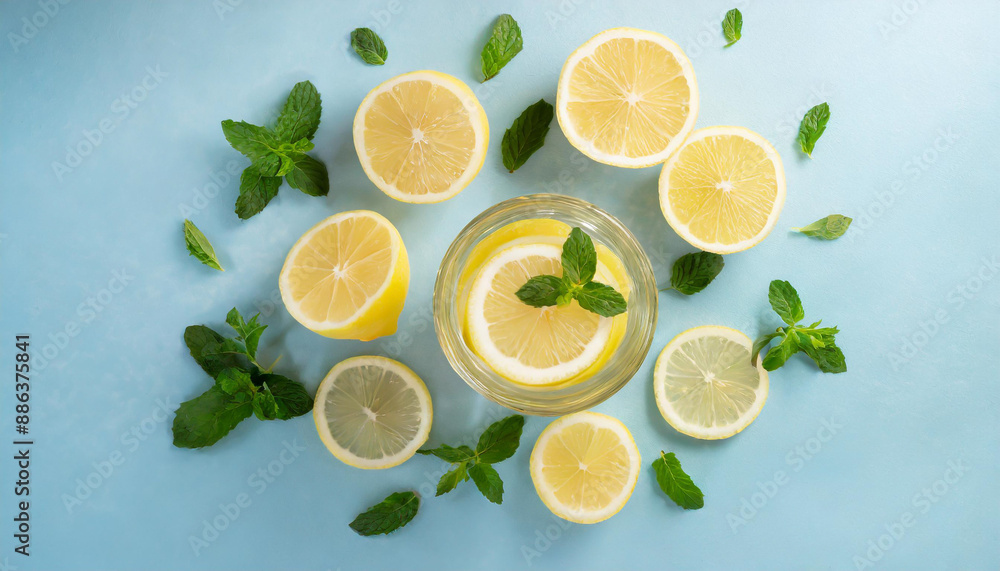 Lemon slices and mint leaves on blue pastel table top view. Ingredients for summer drink and lemonade. Flat lay style. Lemon slices and mint leaves on blue pastel table top view. Ingredients for summer drink and lemonade. Flat lay style.